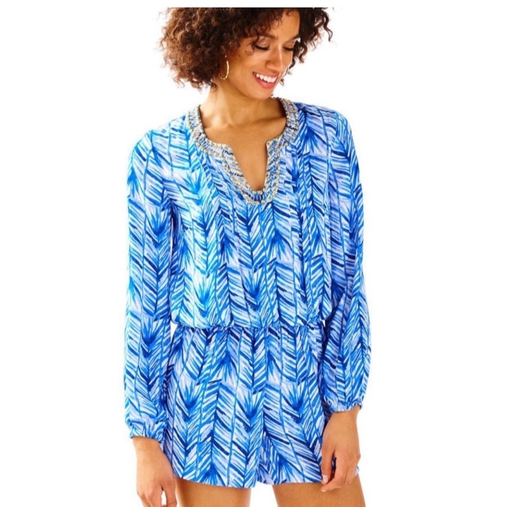 Lilly Pulitzer Colby Romper Lapis Blue Costa Verde Print Blue White Embellished